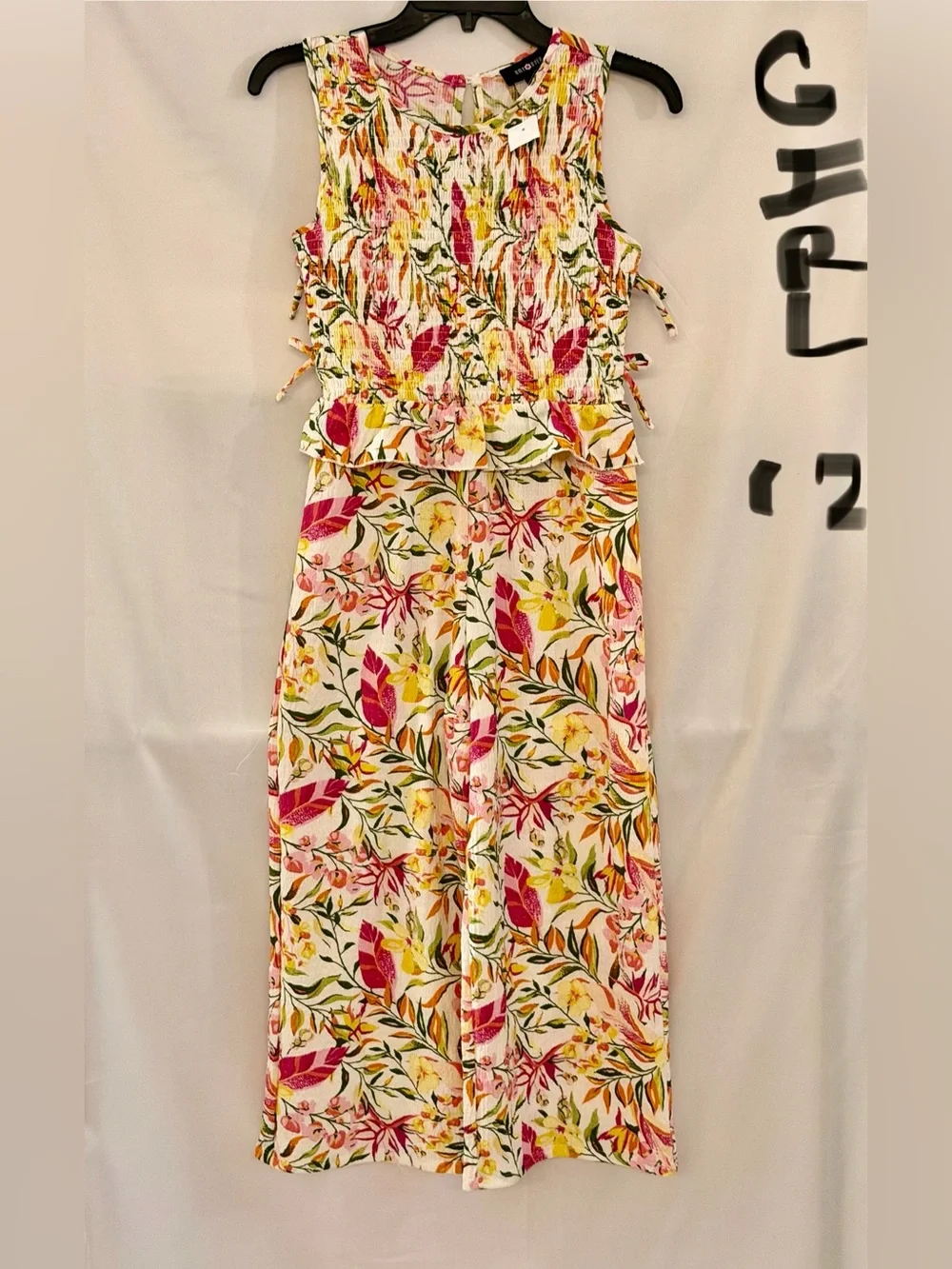 Amy Byer Cream Floral Jumpsuit with Pink & Yellow Accents